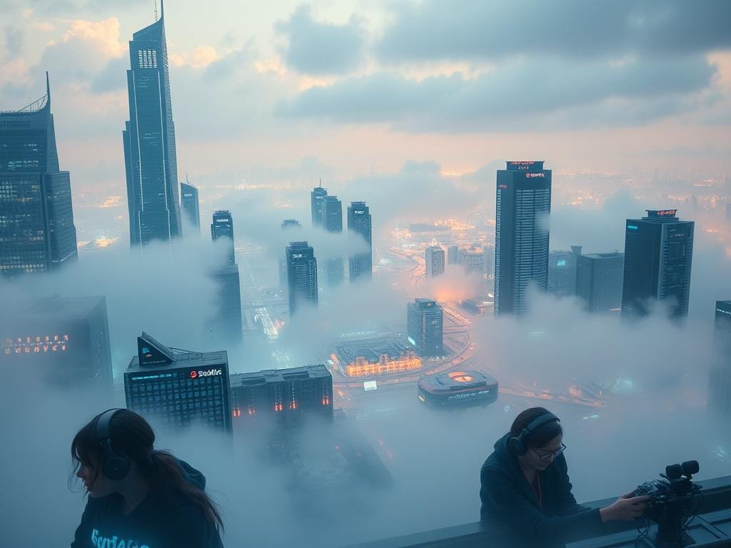 A futuristic cityscape shrouded in a haze of digital connectivity, where towering skyscrapers and holographic displays seamlessly blend. In the foreground, a group of gamers are immersed in a cutting-edge cloud gaming experience, their faces illuminated by the glow of their virtual worlds. The middle ground features a network of servers and data centers, pulsing with the energy of boundless computing power. The background is a panoramic view of a metropolis, with sleek transport systems and advanced infrastructure that enable the seamless integration of cloud gaming into the fabric of everyday life. Soft, diffused lighting casts a warm, technological ambiance, while the composition emphasizes the sense of progression and evolution in the future of gaming.