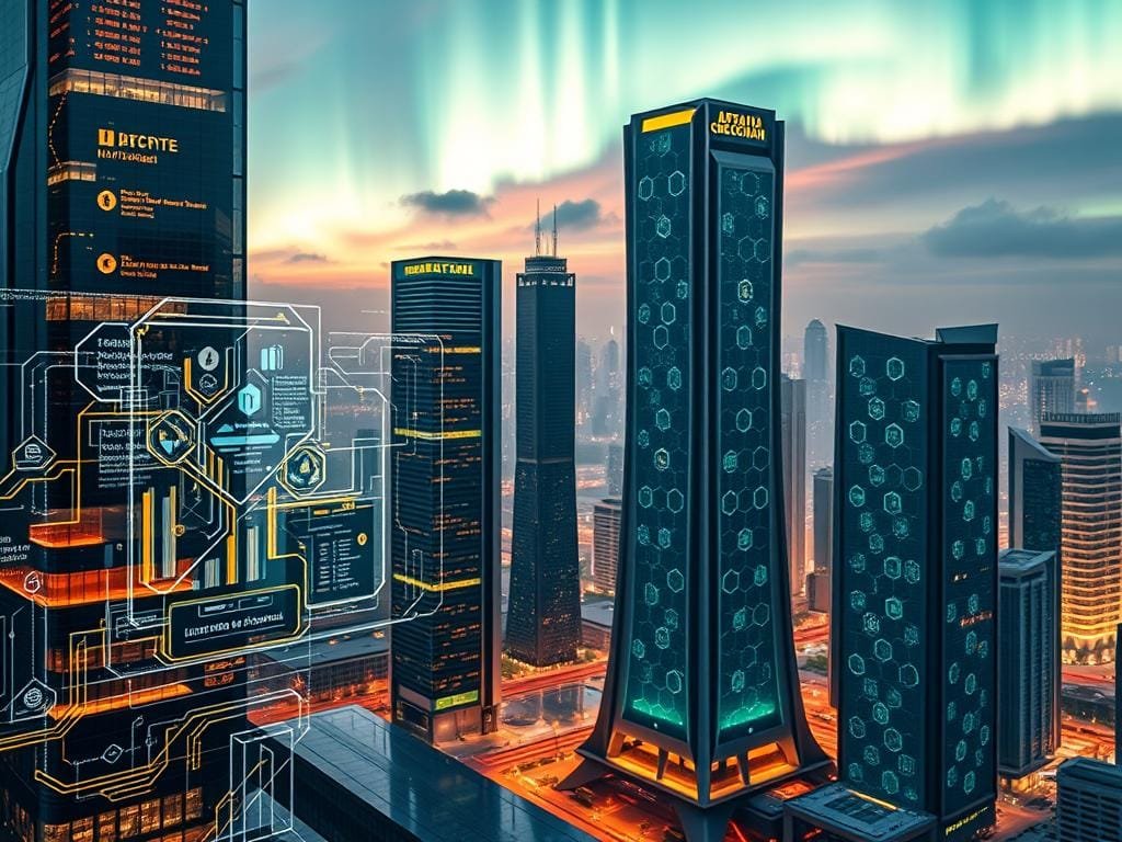 A futuristic cityscape with a towering blockchain-inspired architecture. In the foreground, a holographic interface displays intricate digital ledgers and transaction flows. The midground features sleek, modern buildings with embedded cryptocurrency nodes, their facades adorned with glowing hexagon patterns. In the background, a vibrant sky with shimmering auroras sets the scene for this advanced, technology-driven world. Illuminated by warm, diffused lighting and captured with a wide-angle lens to emphasize the grand scale, this image conveys the transformative power and integration of blockchain technology.