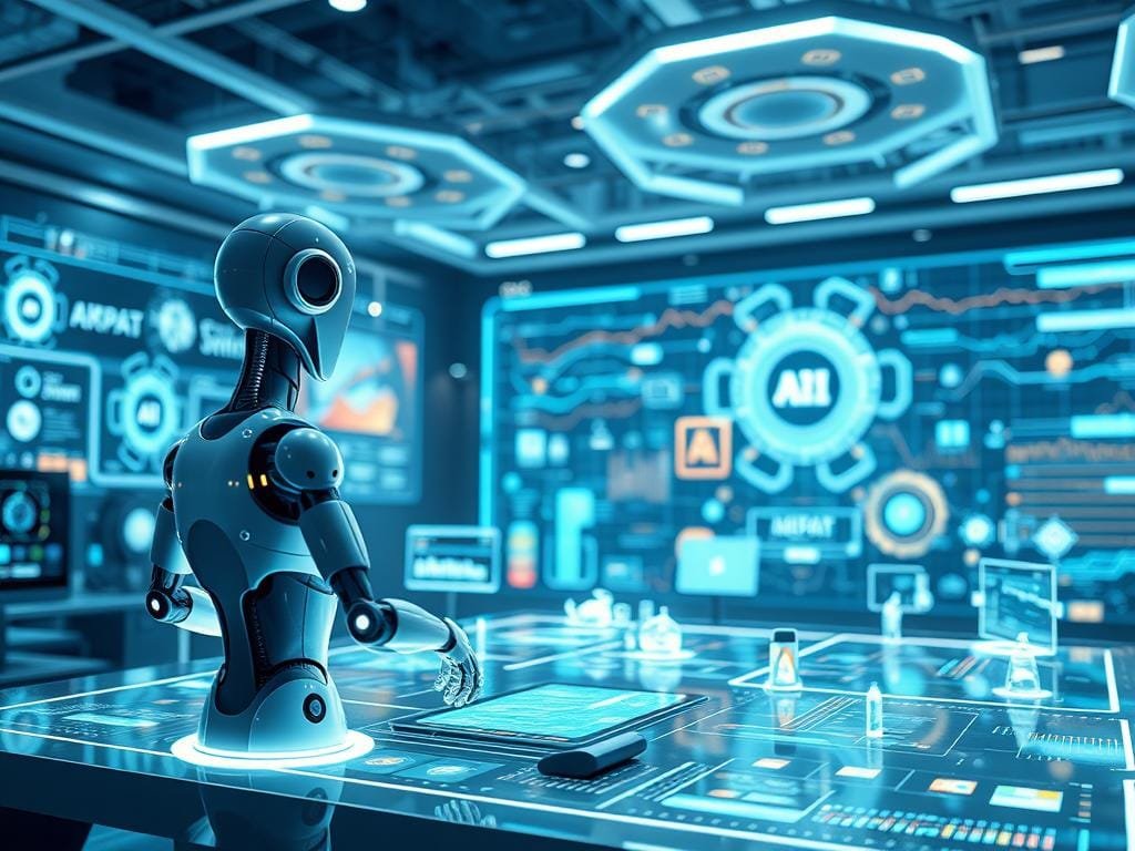 A futuristic digital workspace where Generative AI takes center stage, illuminated by the glow of holographic interfaces. In the foreground, a stylized 3D model of an AI assistant manipulates digital content with fluid motions, its form a seamless blend of technology and creativity. The middle ground showcases a visionary array of tools and applications, each one a testament to the power of AI-driven content creation. In the background, a vast expanse of data streams and algorithmic visualizations, hinting at the interconnected nature of this innovative ecosystem. The scene exudes a sense of boundless possibility, where the boundaries between human and machine blur, unlocking new frontiers of artistic expression and digital innovation.