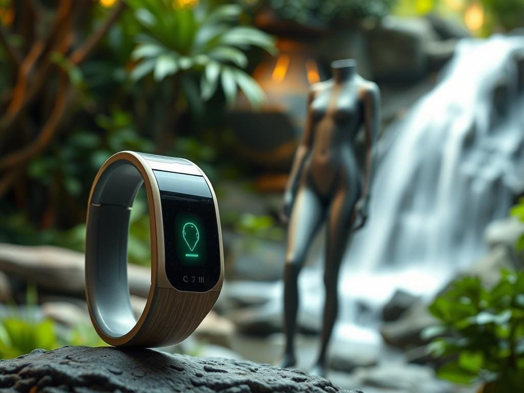 A futuristic eco-chic wearable device with a sleek, minimalist design. In the foreground, a smartwatch-like gadget with a curved glass display and a smooth titanium or bamboo casing. The device emits a soft, ambient glow, powered by a sustainable energy source. In the middle ground, a stylish, form-fitting jumpsuit or bodysuit made from recycled or biodegradable fabrics, with integrated sensors and connectivity. The background features a serene, nature-inspired setting, with lush greenery, a gentle waterfall, and a warm, diffused lighting that creates a calming, meditative atmosphere. The overall scene conveys a sense of harmony between technology and the natural world, showcasing a vision of sustainable, eco-friendly wearable innovation.