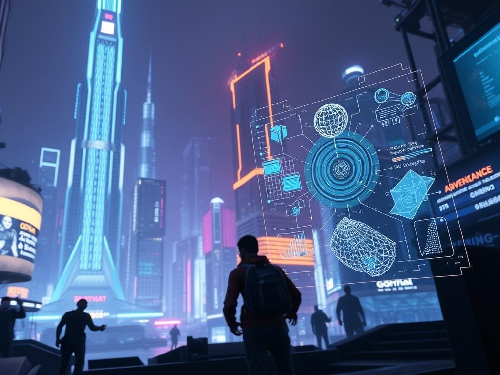 A futuristic gaming scene where generative AI technologies seamlessly integrate with the virtual world. In the foreground, a player immerses themselves in a game, their actions and choices dynamically shaping the narrative through AI-driven procedural generation. The middle ground features a holographic overlay displaying real-time data visualizations, highlighting the intricate algorithms powering the game's adaptive environments and characters. In the background, a towering technological cityscape serves as a backdrop, its gleaming skyscrapers and neon-lit streets hinting at the advancement of generative AI in the gaming industry. The overall atmosphere is one of awe and wonder, showcasing the boundless potential of AI-driven gaming experiences.