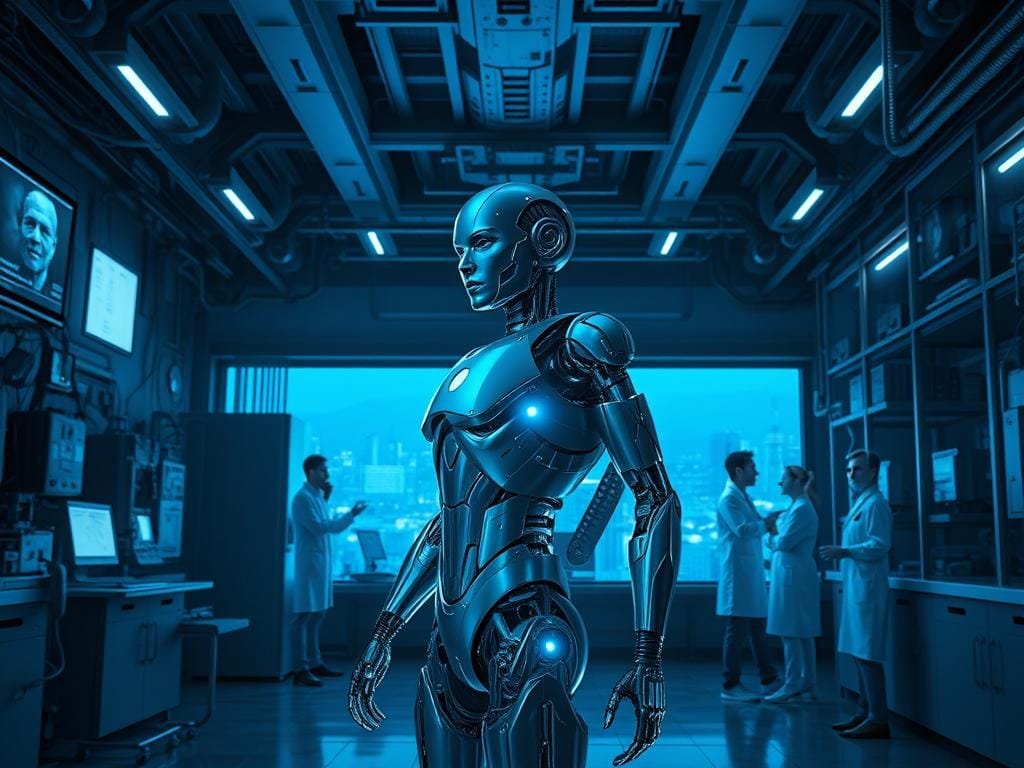 A futuristic laboratory setting, dimly lit with a blue-tinted technological ambiance. In the foreground, a sleek, humanoid figure stands poised, its metallic exoskeleton gleaming under the soft glow of holographic displays. The M3GAN2.0 android, an advanced artificial intelligence, its features a blend of mechanical precision and lifelike expressiveness. Behind it, a towering array of high-tech equipment, cables, and monitors, conveying the cutting-edge nature of the research. The middle ground is filled with a sense of scientific exploration, with researchers in lab coats examining data and manipulating holographic interfaces. In the background, a panoramic window offers a glimpse of a city skyline, hinting at the broader implications of this technological breakthrough. The overall atmosphere is one of innovation, possibility, and a subtle undercurrent of unease, reflecting the complex themes of the M3GAN2.0 narrative.