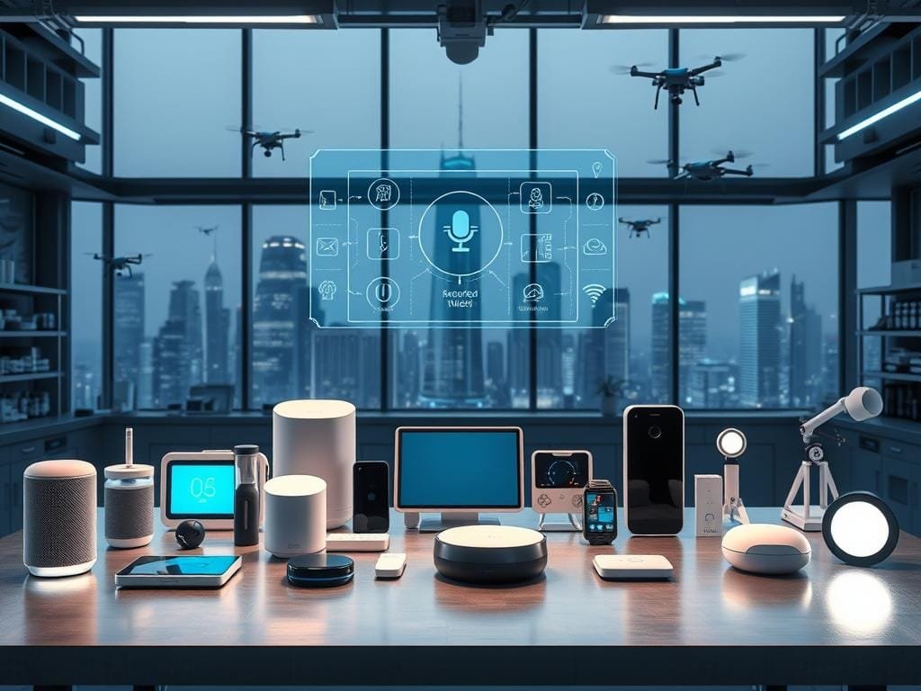 A futuristic laboratory setting filled with an array of sleek, cutting-edge smart gadgets. In the foreground, various IoT devices such as voice-controlled speakers, touchscreen displays, and motion-sensing lights are arranged on a minimalist steel workbench, bathed in the cool glow of soft blue lighting. In the middle ground, a holographic interface hovers above the gadgets, showcasing their interconnected features and customizable settings. The background is dominated by large panoramic windows, revealing a cityscape of gleaming skyscrapers and hovering drones, creating a sense of technological advancement and innovation. The overall mood is one of seamless integration, efficiency, and the promise of a connected future.