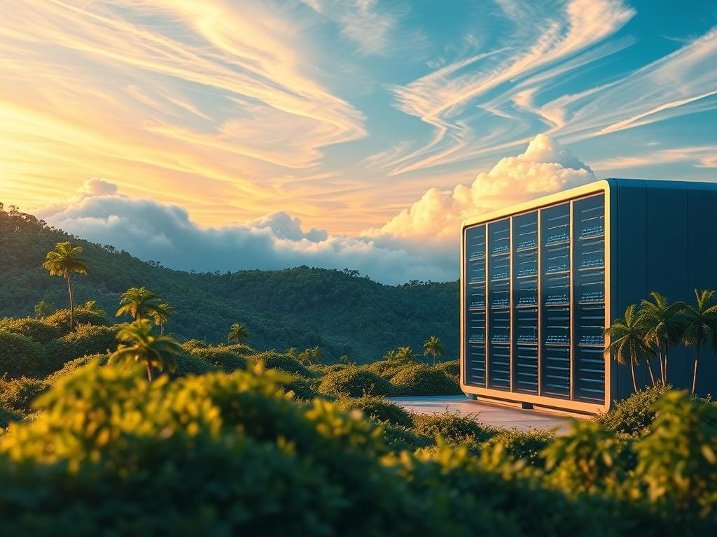 A futuristic landscape showcasing the environmental impact of cloud computing. In the foreground, a sleek, energy-efficient data center stands as a beacon of sustainable technology, its server racks and cooling systems powered by renewable energy sources. In the middle ground, lush green landscapes and thriving ecosystems contrast with the minimalist architecture, symbolizing the delicate balance between technological progress and environmental preservation. In the background, a vibrant, colorful sky filled with wispy clouds represents the ethereal, intangible nature of cloud computing, while also hinting at the ecological responsibility inherent in this global industry. The scene is illuminated by warm, diffused lighting, creating a sense of harmony and optimism around the future of sustainable cloud computing.