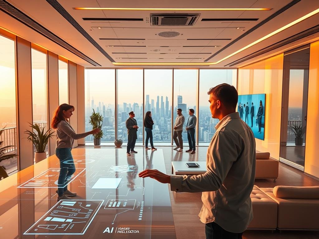 A futuristic office interior bathed in a warm, ambient lighting. In the foreground, a creative professional interacts with a holographic user interface, manipulating digital content with fluid hand gestures. In the middle ground, a team of collaborators review AI-generated concepts on large, transparent displays. The background features sleek, minimalist furnishings and a panoramic city skyline visible through floor-to-ceiling windows, conveying a sense of cutting-edge technology and innovation powering the content production process. The overall atmosphere is one of streamlined efficiency, seamless creativity, and the fusion of human and artificial intelligence.