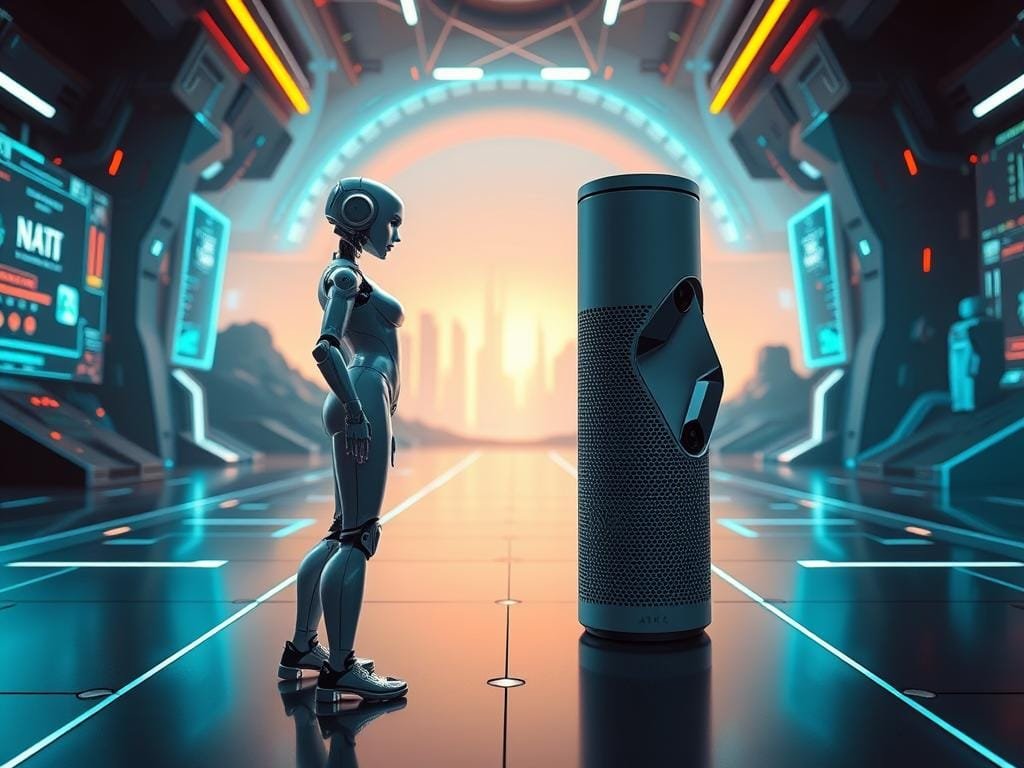 A futuristic scene depicting Siri and Alexa, two leading AI personal assistants, engaged in a playful digital showdown. In the foreground, Siri and Alexa stand facing each other, their digital avatars illuminated by a soft, ambient glow. Siri, represented by a sleek, elegant figure, exudes confidence and poise, while Alexa, with her more robust and utilitarian design, projects a sense of determined capability. The background is a dynamic, tech-infused landscape, with holographic displays, cascading data streams, and a hint of neon-tinged skyline in the distance, creating a sense of advanced, interconnected technology. The scene is captured through a wide-angle lens, emphasizing the contrast and interplay between the two digital assistants, set against a futuristic, awe-inspiring backdrop.