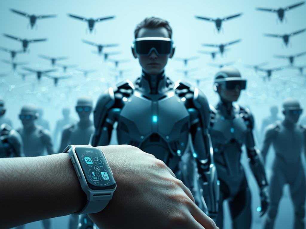 A futuristic scene of AI-powered wearables, showcasing their seamless integration with the human form. In the foreground, a sleek, minimalist smartwatch adorns a wrist, its display shimmering with holographic interfaces. Behind it, a lightweight exoskeleton suit hugs the body, its metallic limbs enhancing the wearer's movements. In the middle ground, a pair of smart glasses projects a virtual reality overlay, blending the digital and physical worlds. In the background, a swarm of nano-drones buzzes, their sensors and processors weaving an invisible network that connects the wearables. The scene is bathed in a cool, blue-tinted light, conveying a sense of advanced technology and personal empowerment.