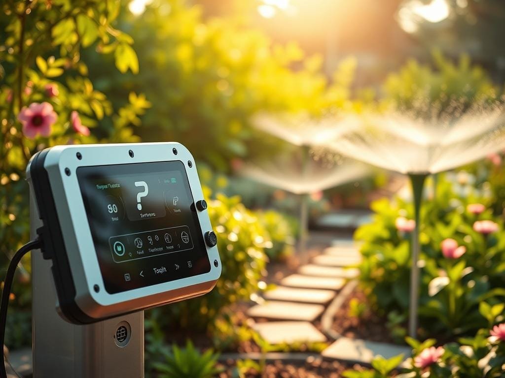 A futuristic, technologically-advanced smart irrigation system set against a lush, verdant garden backdrop. In the foreground, a sleek, minimalist control panel with touchscreen display, sensors, and intuitive interface. In the middle ground, precision-engineered sprinkler heads strategically positioned to provide optimal water coverage. The background features a serene, sun-dappled landscape with flourishing plants and flowers, conveying the harmony between technology and nature. Warm, golden lighting casts a soft glow, creating a sense of tranquility. The overall atmosphere is one of efficiency, innovation, and environmental sustainability.