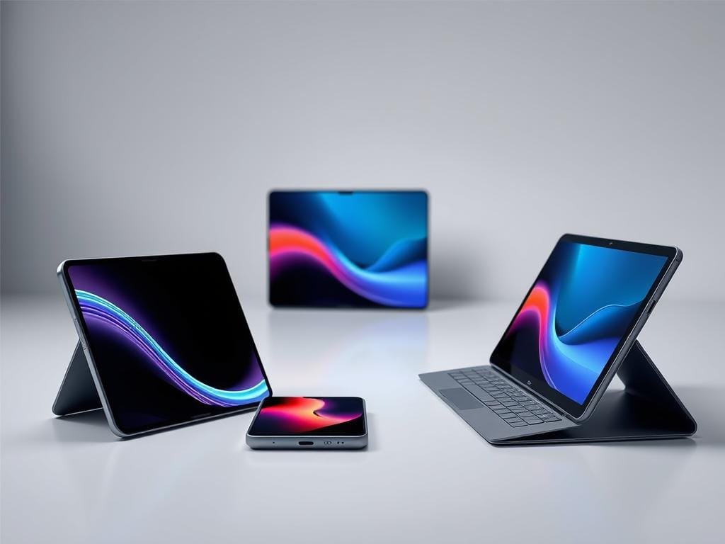 A futuristic trio of foldable devices sits in a sleek, minimalist workspace. The main device, a cutting-edge smartphone, unfolds to reveal a large, vibrant display. Beside it, a compact tablet-like device seamlessly transforms, its screen unrolling with a smooth, motorized motion. In the background, a laptop-sized foldable computer stands open, its dual screens showcasing the versatility of these revolutionary form factors. Soft, indirect lighting accentuates the clean lines and premium materials of these innovative gadgets, evoking a sense of technological progress and user-centric design.