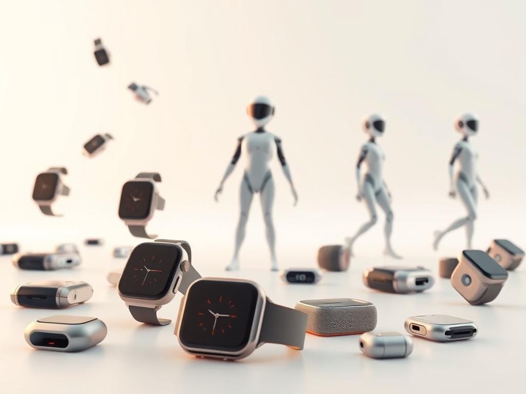 A group of futuristic AI wearable companions in a sleek, minimalist setting. In the foreground, an array of advanced smart watches, earbuds, and other peripheral devices in muted metallic tones float effortlessly. In the middle ground, lifelike humanoid AI assistants in clean, streamlined bodysuits move with fluid grace. The background is a softly lit, stark white environment, giving the scene a sense of calm and technological sophistication. Warm highlights and smooth, reflective surfaces convey the high-end, cutting-edge nature of these revolutionary AI-powered wearables.