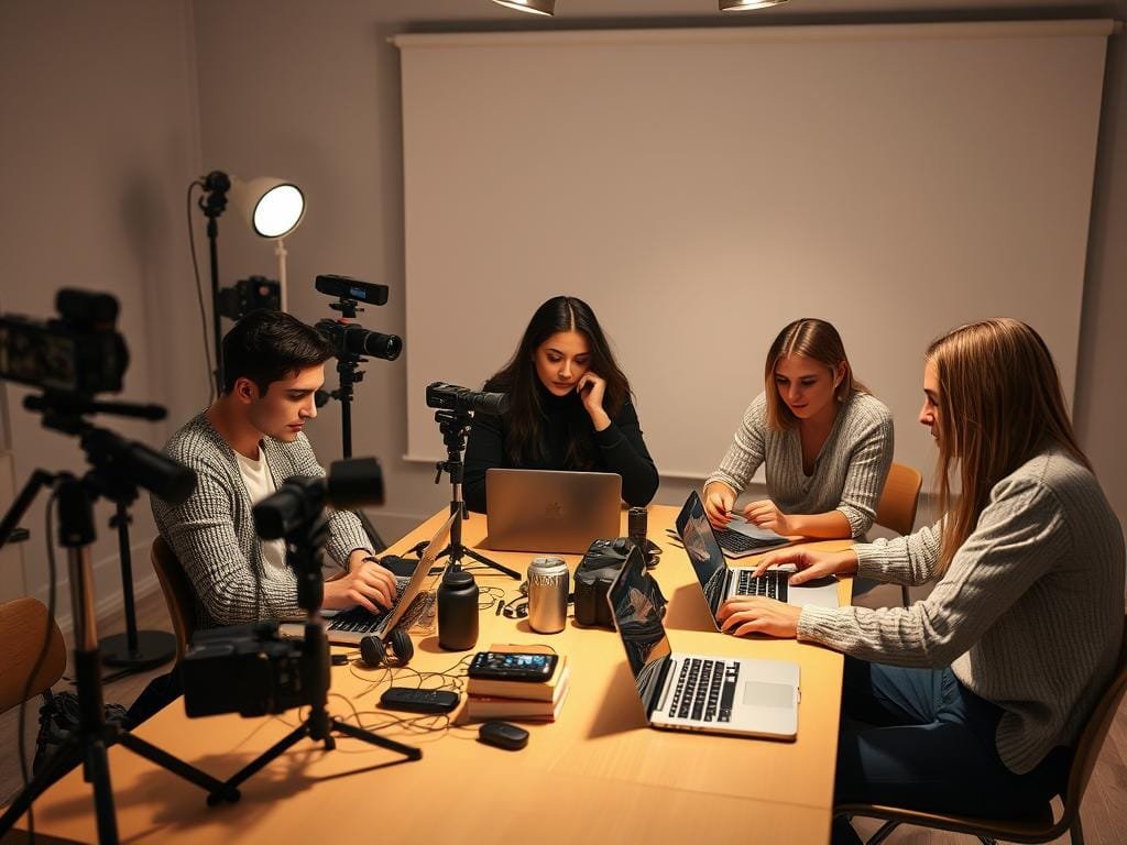 A group of social media influencers sitting at a table, surrounded by professional photography equipment, laptops, and smartphones. They are intently focused on their screens, meticulously crafting exclusive content for their Instagram followers. The scene is bathed in soft, warm lighting, creating a cozy, intimate atmosphere. The influencers are dressed in stylish, casual attire, conveying a sense of effortless cool. In the background, a minimalist, modern studio space with clean lines and neutral tones provides an uncluttered, distraction-free environment for their content creation process.
