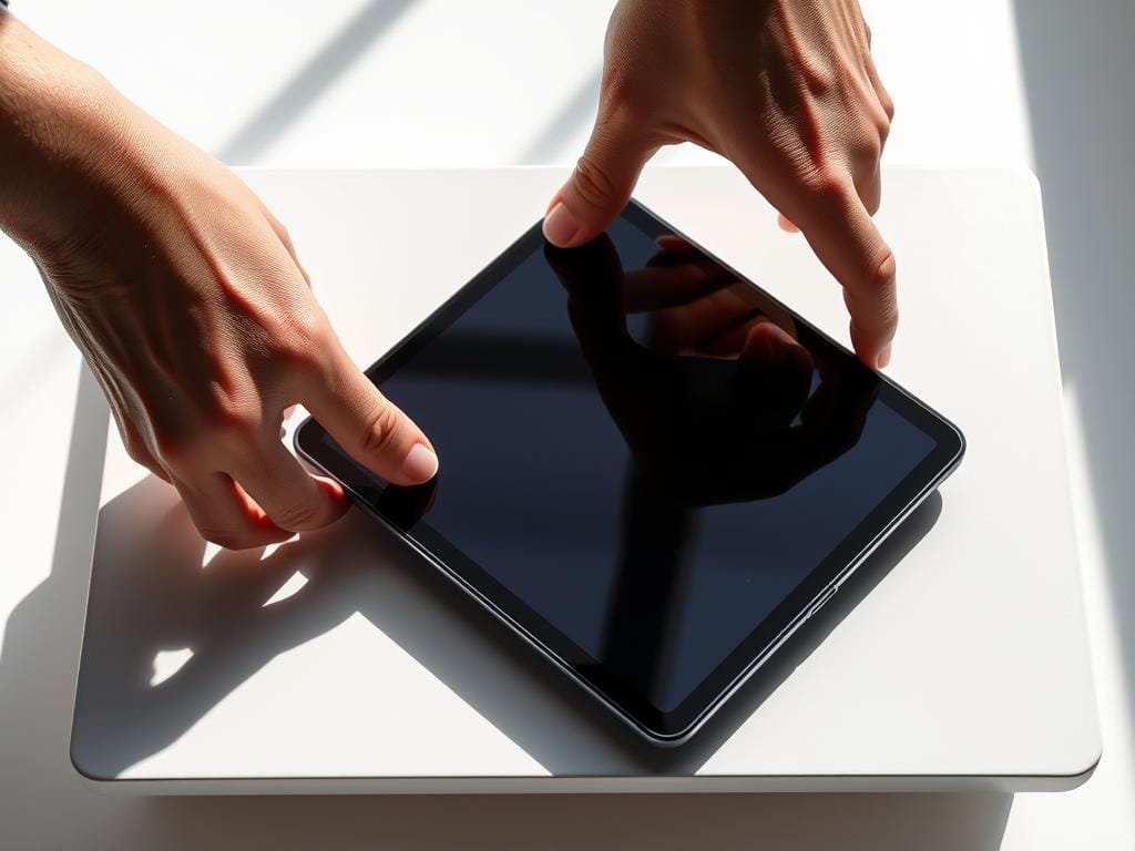 A high-angle view of a foldable smartphone or tablet being repeatedly flexed and bent, with the screen clearly visible. The device is placed on a sleek, minimalist desk or table, illuminated by natural overhead lighting that casts dramatic shadows. The background is a clean, neutral studio setting, allowing the focus to remain on the device and its durability. The image conveys a sense of technological innovation and the challenges faced in designing foldable displays that can withstand regular use and folding without compromising performance or reliability.