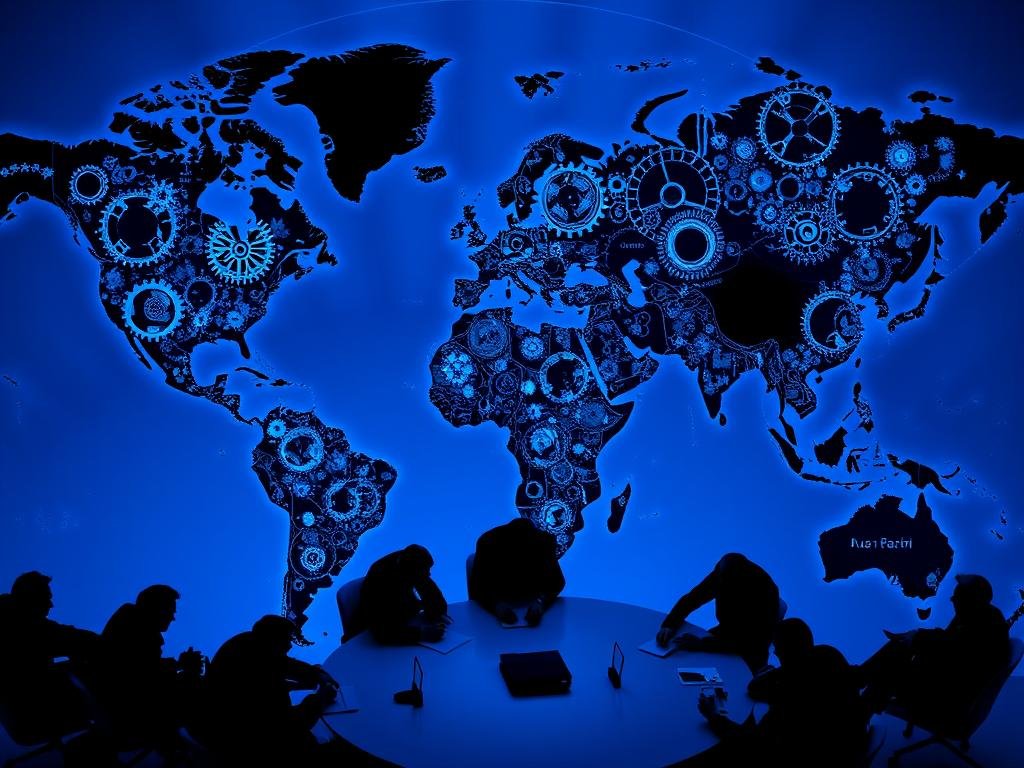A high-angle view of a global map, with intricate gears and cogs intertwined across the surface, symbolizing the complex mechanisms of international regulation. The scene is illuminated by a cool, blue-hued lighting, conveying a sense of precision and technocracy. In the foreground, a group of silhouetted figures, representing policymakers and regulators, are gathered around a table, engaged in discussions. The overall atmosphere is one of serious deliberation, as the world grapples with the challenges posed by the rapid advancements in artificial intelligence technology.