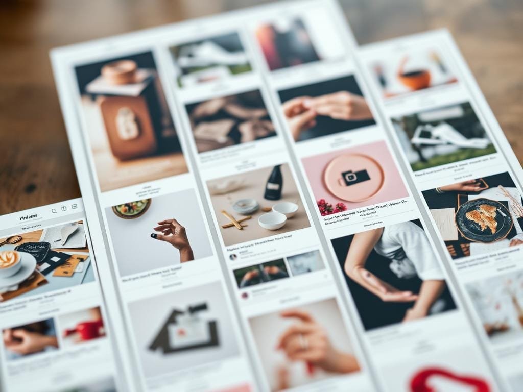 A high-angle view of several beautifully designed Pinterest pins, each with a distinct visual style and color palette. The pins are arranged in an aesthetically pleasing grid layout, with a focus on the intricate details and patterns that make them engaging and shareable. The lighting is soft and diffused, creating a warm, inviting atmosphere that showcases the pins' creative elements. The background is slightly blurred, drawing the viewer's attention to the carefully crafted pins in the foreground.