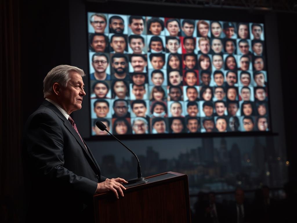A high-contrast, cinematic scene depicting the need for AI regulation. In the foreground, a stern-faced government official in a tailored suit stands at a podium, delivering a speech on the importance of oversight and accountability. Behind them, a large projection screen displays a grid of distorted, manipulated faces - the unsettling result of unchecked deepfake technology. In the distant background, a city skyline is shrouded in an ominous haze, suggesting the far-reaching impact of AI-driven misinformation. Dramatic lighting casts dramatic shadows, conveying a sense of urgency and gravity. The overall mood is one of serious determination to address the dark side of AI.