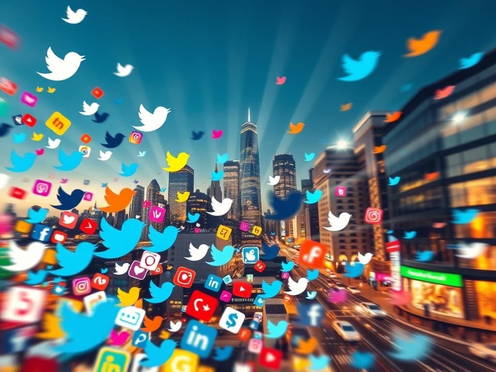 A high-energy, dynamic scene depicting the fast-paced world of Twitter engagement. In the foreground, a vibrant array of colorful social media icons and symbols swirl and interact, conveying the rapid exchange of ideas and information. The middle ground features a cityscape backdrop, with skyscrapers and bustling streets reflecting the global reach and 24/7 nature of the platform. Beams of light radiate from the icons, illuminating the scene with a sense of urgency and connectivity. The overall mood is one of excitement, innovation, and the ever-evolving landscape of real-time digital communication.