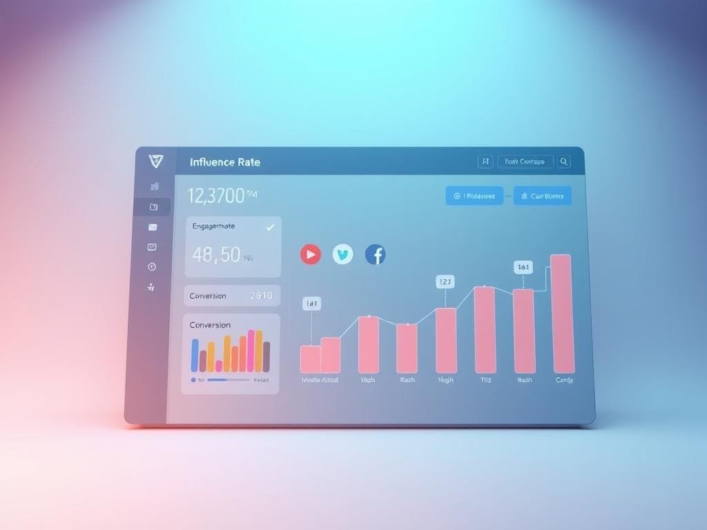 A high-quality digital illustration of influencer marketing metrics, showcasing a sleek, modern dashboard display. The foreground features a collection of key performance indicators, such as engagement rate, reach, and conversion metrics, presented in a clean, minimalist style. The middle ground depicts various social media platform icons, representing the diverse channels used for influencer campaigns. The background is a subtle, gradient-based texture, creating a sense of depth and emphasizing the digital, data-driven nature of the subject matter. The lighting is soft and diffused, with a cool color palette that evokes a professional, analytical atmosphere. The overall composition is balanced and visually appealing, drawing the viewer's attention to the essential influencer marketing insights.