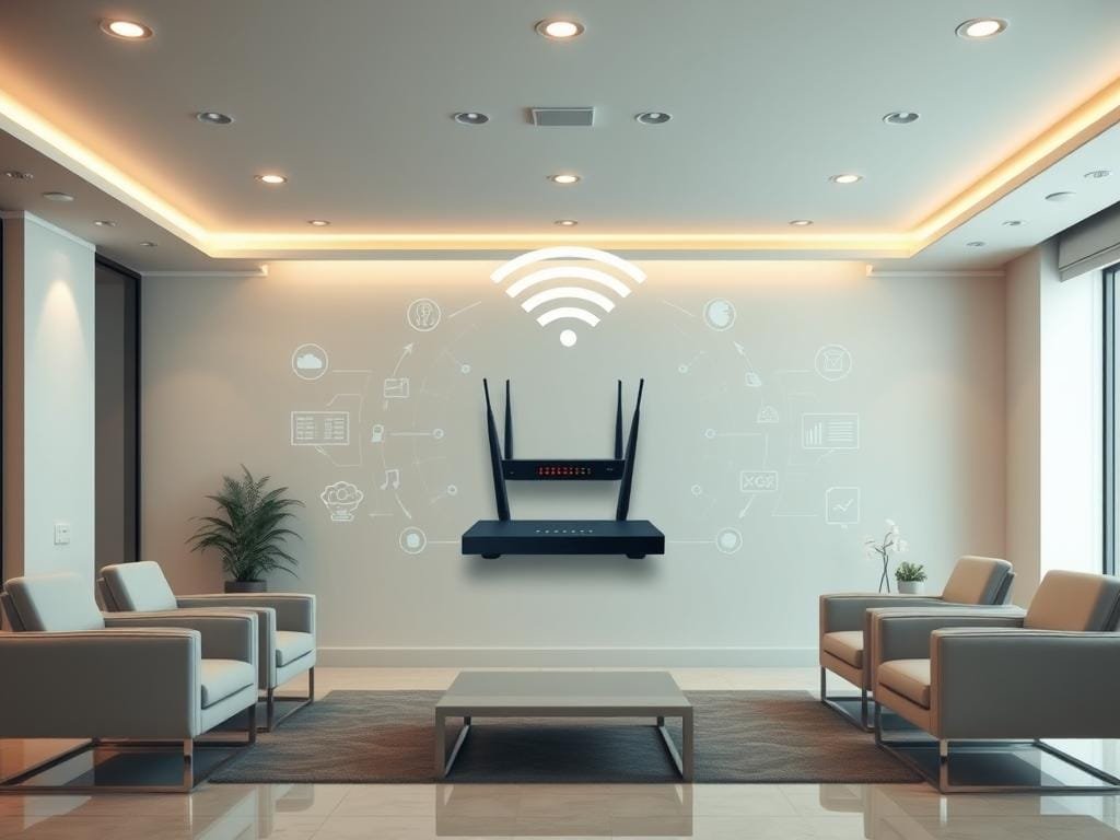 A high-quality, reliable network connection. An elegant, minimalist office setting with sleek modern furniture. Soft, diffused lighting from overhead fixtures casts a warm glow across the room. The centerpiece is a sturdy, high-performance router mounted discreetly on the wall, its steady indicator lights signaling a strong, stable internet signal. Surrounding the router are abstract data visualizations, conveying the flow of information through the network. The atmosphere is one of professionalism, productivity, and technological sophistication.