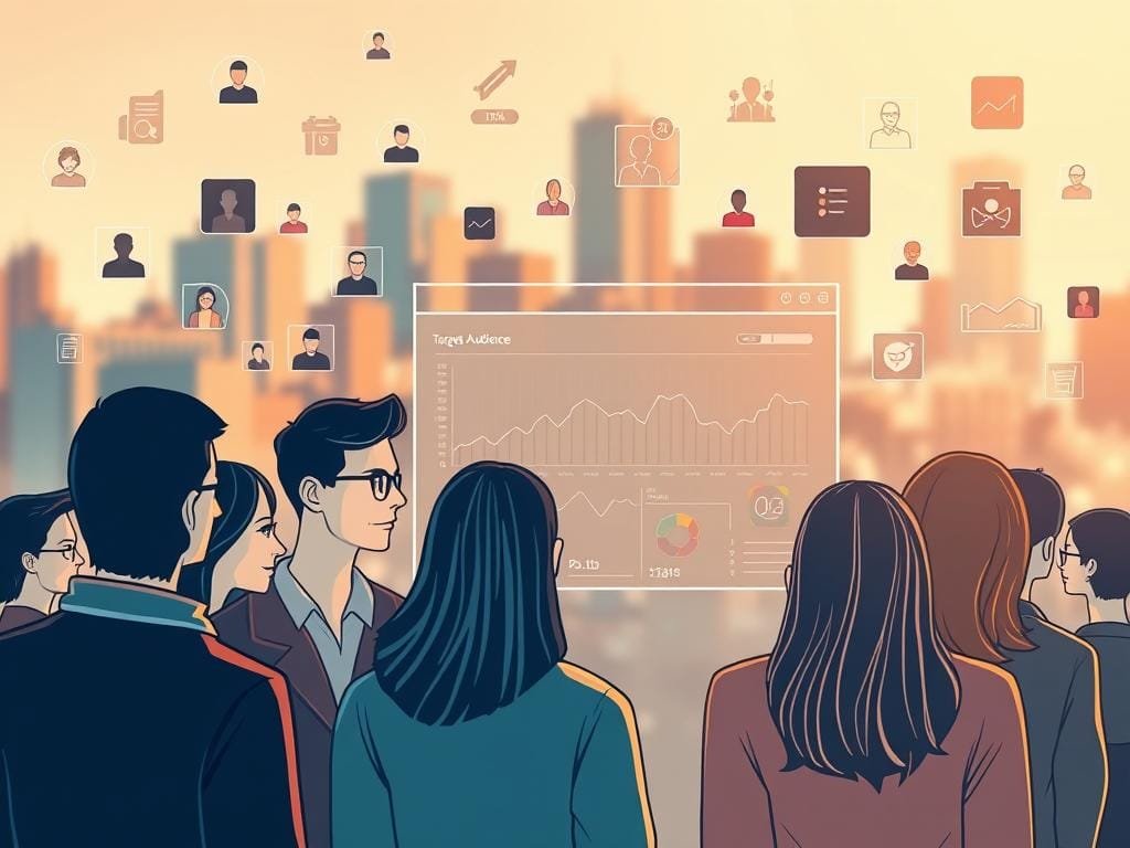 A high-resolution, detailed illustration of a target audience analysis. In the foreground, a group of diverse individuals representing different demographics, interests, and behaviors. Their profiles and data points float around them, conveying the depth of information needed for effective target audience identification. The middle ground features a sleek, minimalist infographic dashboard, displaying key metrics and insights. In the background, a blurred city skyline, suggesting the real-world application and impact of this analysis. The lighting is soft and warm, creating a professional, data-driven atmosphere. The overall composition emphasizes the importance of understanding your target audience to reach them effectively.