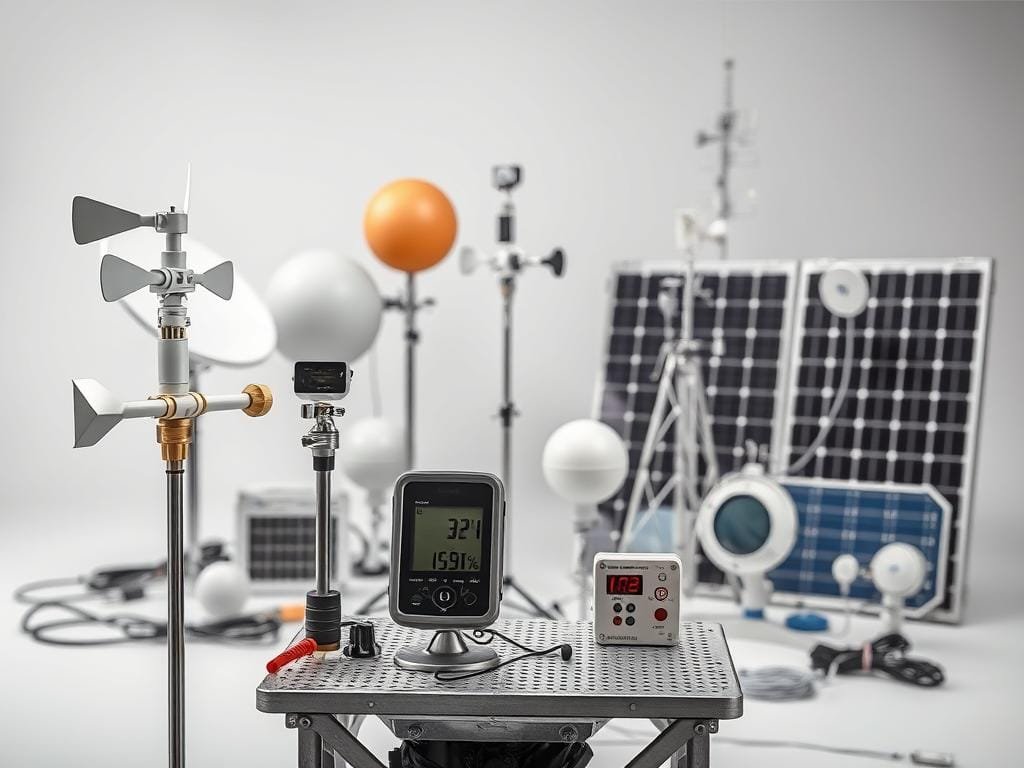 A high-resolution, detailed photograph of various weather station components arranged in a well-organized, technical layout. In the foreground, a digital anemometer, rain gauge, and thermometer sit on a metal mounting platform. In the middle ground, a weather balloon, radiosonde, and barometer are displayed. In the background, a satellite dish, communications antenna, and solar panels create a comprehensive meteorological setup. The lighting is bright and crisp, with a clean, professional studio aesthetic. The overall mood is informative and educational, showcasing the essential tools required to build a functional weather station.