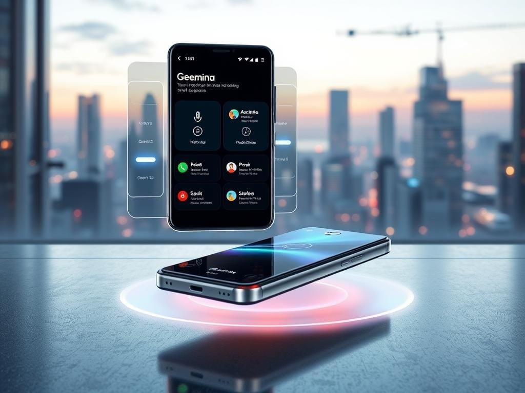 A high-resolution digital illustration of "Gemini Features" showcasing the key capabilities of Google's latest AI-powered smartphone technology. In the foreground, a floating holographic display presents a sleek and intuitive user interface, highlighting intelligent voice commands, seamless multi-tasking, and cutting-edge camera functions. The middle ground features a dramatically lit, low-angle view of the Gemini smartphone device, its elegant glass and metal construction complemented by dynamic lighting effects. In the background, a futuristic cityscape sets the scene, hinting at the transformative impact of this advanced mobile platform. The overall mood is one of innovation, sophistication, and the seamless integration of artificial intelligence into everyday life.