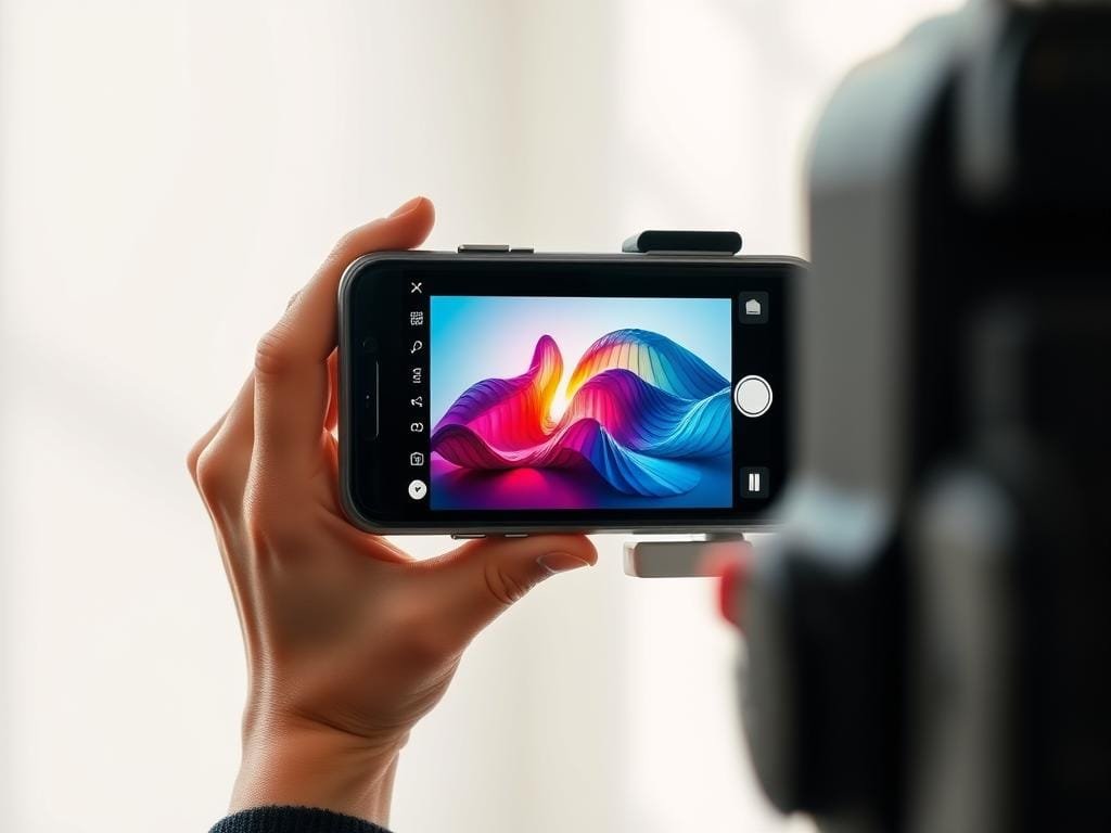 A high-resolution digital photograph of an Instagram-compatible image, captured with a professional DSLR camera. The frame is centered on a smartphone screen displaying a visually striking image, showcasing vibrant colors, sharp details, and a polished aesthetic. The smartphone is held in a minimalist, white-colored hand grip, positioned against a clean, light-filled backdrop. The lighting is soft and diffused, creating an even, well-lit scene that highlights the image's clarity and resolution. The overall mood is serene and crisp, conveying the high-quality standards expected for Instagram content in 2025.