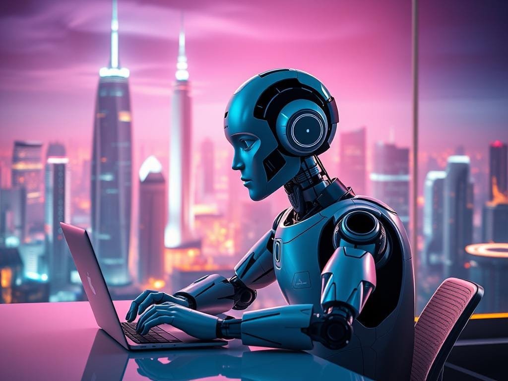 A high-resolution, photorealistic image of ChatGPT, an advanced conversational AI assistant, against a futuristic backdrop. The subject is depicted in the foreground, sitting at a sleek, minimalist workspace, deep in thought as it generates content. The middle ground features a cityscape of towering skyscrapers and gleaming infrastructure, suggesting the AI's integration into modern workflows. The background is illuminated by a vibrant, neon-tinged skyline, evoking a sense of technological progress and innovation. The lighting is dramatic, with sharp contrasts and highlights that accentuate the AI's intelligent, contemplative expression. The overall composition conveys the power and potential of ChatGPT as a transformative tool for content creation.