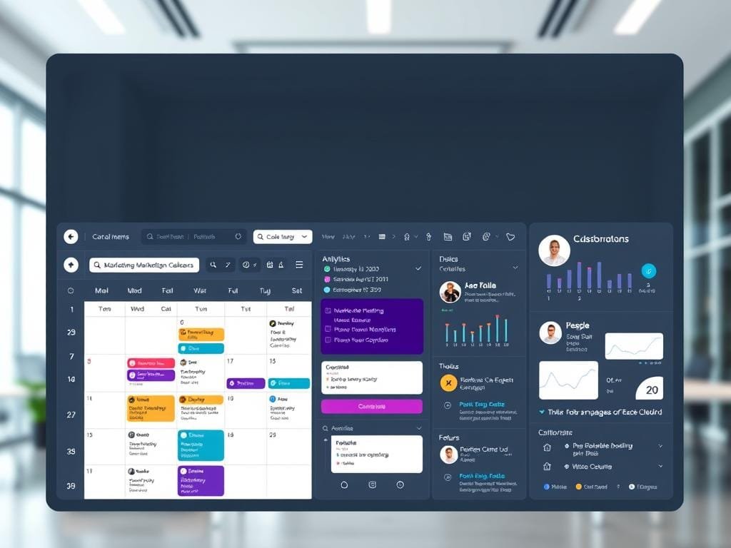 A high-resolution, wide-angle photograph of a modern, elegant web-based marketing calendar application interface. The foreground features a clean, minimalist design with a large calendar view showcasing various marketing campaign details, color-coded events, and customizable scheduling tools. The middle ground includes intuitive sidebar menus, analytic dashboards, and collaboration features. The background depicts a soft, blurred office environment with subtle lighting, suggesting a professional, productivity-focused atmosphere. The overall tone is one of streamlined efficiency, visual clarity, and user-friendly functionality, highlighting the calendar's utility as a centralized marketing management solution.
