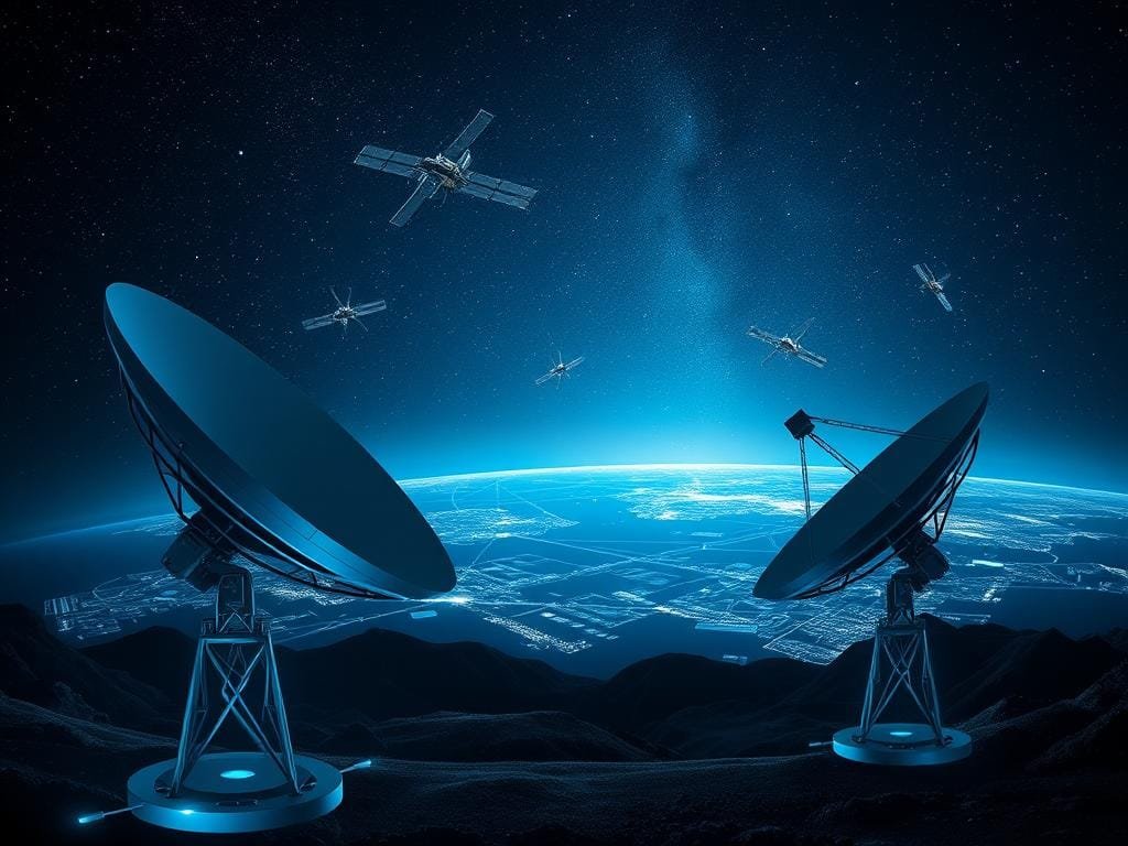 A high-tech scene depicting the major players in the satellite connectivity industry. In the foreground, cutting-edge satellite dishes and antennas stand proudly, their sleek designs and intricate components showcasing the advanced technology that powers global connectivity. In the middle ground, holographic displays and data visualizations illustrate the complex network of satellites orbiting the Earth, beaming signals and data to a world of connected devices. The background features a panoramic view of the night sky, with stars twinkling and satellites gliding silently through the void, symbolizing the vast scale and global reach of this dynamic industry. Dramatic lighting and moody shadows imbue the scene with a sense of technological wonder and innovation.
