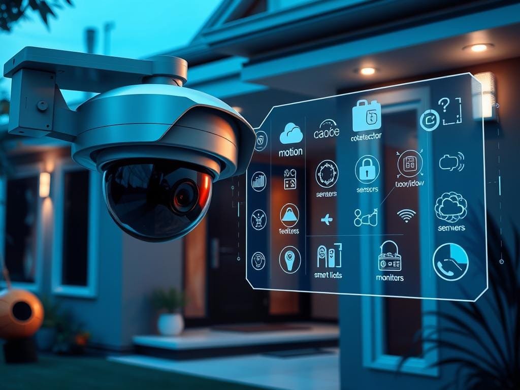 A high-tech smart home with cutting-edge security features. In the foreground, a sleek security camera rotates, scanning the surroundings with precision. In the middle ground, a holographic display shows real-time feed from various sensors - motion detectors, door/window sensors, and environmental monitors. The background depicts a futuristic home exterior, with discreet security lights and a smart lock system integrated into the facade. The lighting is a cool, bluish tone, creating an atmosphere of advanced technology and vigilance. The overall scene conveys a sense of seamless, intelligent home protection powered by the latest AI and IoT innovations.
