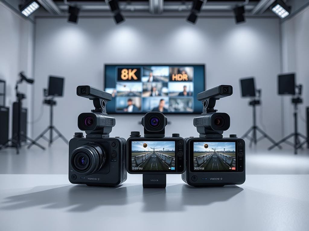 A high-tech studio setting with a clean, modern aesthetic. In the foreground, three state-of-the-art smartphone cameras are meticulously displayed, their lenses and sensors precisely aligned. The middle ground showcases a digital display demonstrating various video recording features, such as 8K resolution, HDR, and advanced stabilization. The background features a minimalist backdrop, allowing the technology to take center stage. Soft, directional lighting highlights the cameras' sleek designs and the clarity of the video output. An atmosphere of innovation and technical excellence permeates the scene, inviting the viewer to closely examine the latest advancements in mobile video recording.