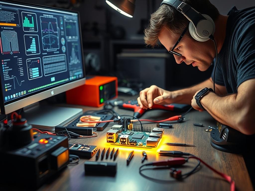 A high-tech workbench, illuminated by the glow of a Raspberry Pi microcomputer. On the surface, various tools and components surround the device, hinting at the process of overclocking. Intricate circuit diagrams and performance metrics are displayed on a nearby monitor, as an engineer leans in, meticulously adjusting settings to optimize the system's processing power. The atmosphere is one of focused intensity, the air thick with the buzz of technical experimentation, as the Raspberry Pi is pushed to its limits, ready to power a retro gaming console with unparalleled performance.