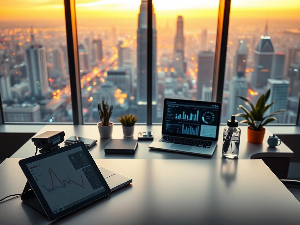 A high-tech workspace with a futuristic atmosphere. In the foreground, an array of cutting-edge AI-powered social media content creation tools, including a tablet, a stylus, and a laptop displaying analytics dashboards. In the middle ground, a modern desk with sleek lines and a minimalist aesthetic, complemented by various desk accessories like a potted plant and a glass of water. The background features a large window overlooking a vibrant cityscape, bathed in a warm, golden light that casts a soft glow throughout the scene. The overall mood is one of efficiency, innovation, and creativity, capturing the essence of the latest advancements in AI-driven social media content creation.