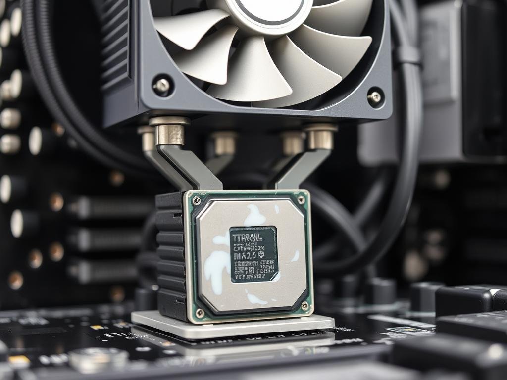 a highly detailed, close-up view of a computer cpu cooler installation process. the foreground shows a cpu socket on a motherboard, with a thermal paste-covered processor ready to receive the cooler. the cooler's heatsink and fan assembly is poised above, its mounting brackets precisely aligned. the middle ground features the cooler's power cable and the motherboard's mounting holes. the background is blurred, providing a clean, technical focus on the installation. bright, evenly distributed lighting illuminates the scene, creating clear, sharp shadows that convey the precise, methodical nature of the task. the overall mood is one of careful, professional assembly.