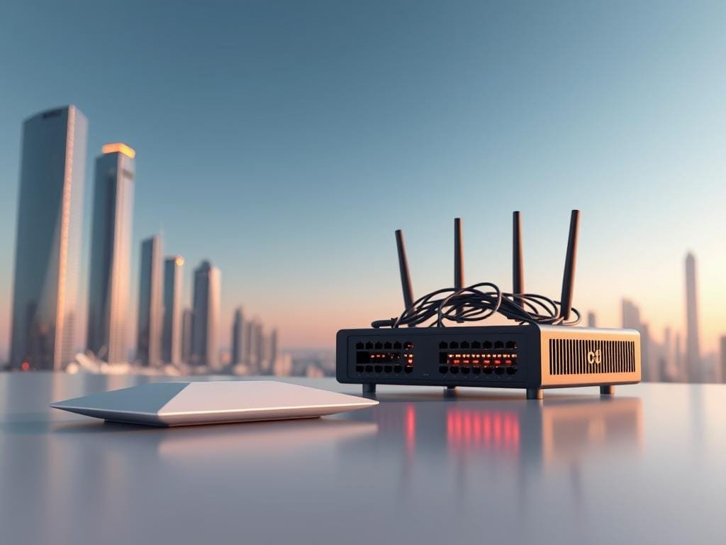 A highly detailed, hyper-realistic 3D illustration of "DePIN vs. Traditional Networks". In the foreground, a sleek, minimalist DePIN network node, its form conveying a sense of elegance and technological sophistication. Contrasting this, a bulky, outdated traditional network router in the middle ground, its wires and blinking lights evoking a cluttered, inefficient aesthetic. The background depicts a serene, futuristic cityscape, with towering skyscrapers and a clear, open sky, symbolizing the effortless scalability and unobtrusive nature of the DePIN network. Soft, warm lighting illuminates the scene, creating a sense of harmony and progress. The overall composition emphasizes the stark differences between the two network architectures, highlighting DePIN's sleek, decentralized design and its advantages over the cumbersome traditional approach.