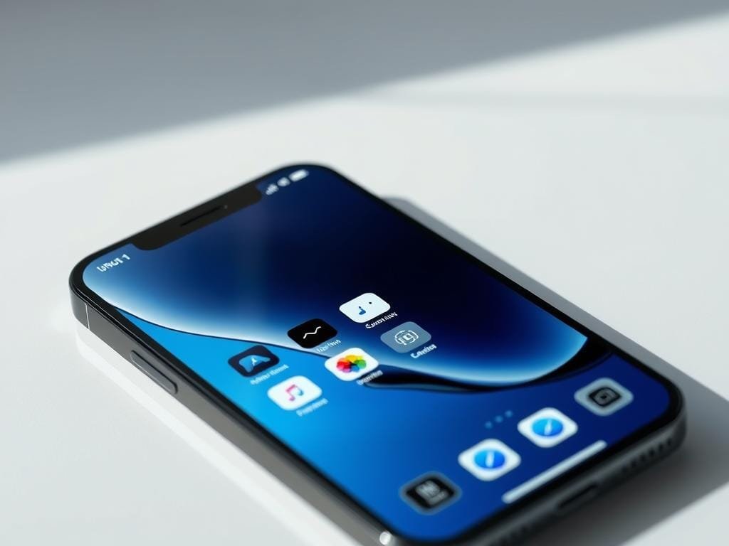 A highly detailed, photo-realistic image of the user interface of the iPhone 17 Pro Max smartphone. The screen is clean and minimalist, with a sleek, modern design featuring a large, high-resolution OLED display. The home screen is showcased, highlighting a clean grid of app icons with subtle gradients and shadows, and a customizable dock at the bottom. The interface has a cool, futuristic color scheme of blues, grays, and whites, with elegant typography and thoughtful layout. Lighting is natural and soft, creating depth and dimension, while the angle is slightly angled to provide an immersive, user-centric perspective. The overall mood is one of sophistication, innovation, and a premium user experience.
