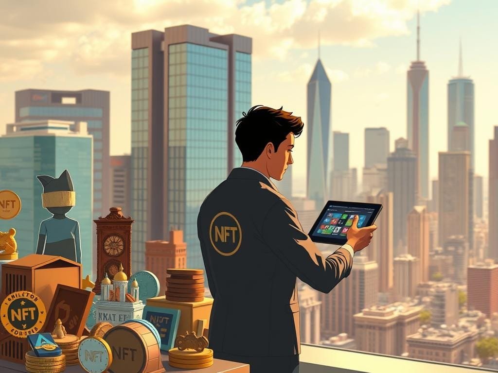 A highly detailed, photorealistic illustration of a simple, intuitive explanation of NFTs (Non-Fungible Tokens). In the foreground, a collection of various digital assets (artwork, collectibles, virtual real estate) are prominently displayed, each with a unique NFT badge. In the middle ground, a person is interacting with a sleek, futuristic digital interface, exploring and managing their NFT portfolio. The background depicts a cityscape with towering skyscrapers, showcasing the real-world applications and adoption of NFT technology across industries. Warm, natural lighting illuminates the scene, creating a sense of approachability and accessibility. The overall mood is one of clarity, understanding, and the transformative potential of NFTs.