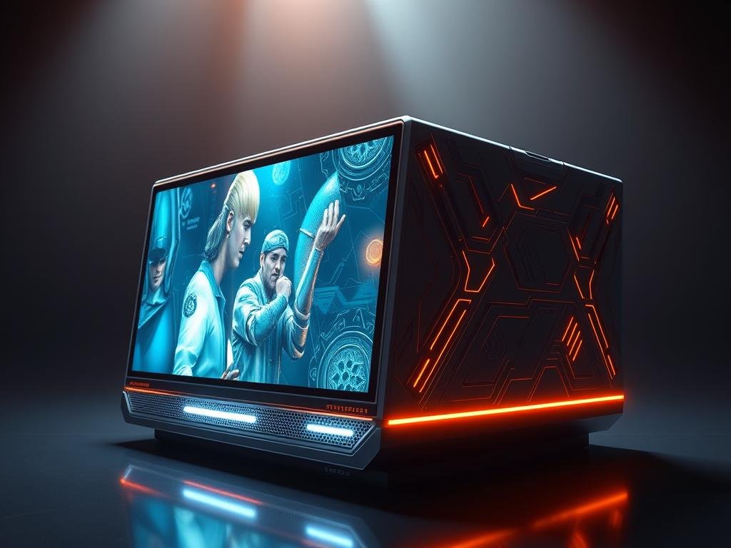 A highly detailed, technologically advanced next-generation console, illuminated by a warm, soft lighting. The sleek, futuristic design features a large, high-definition display with vibrant, lifelike graphics. The console's surface is composed of a smooth, metallic material, with intricate patterns and glowing accents that suggest advanced processing power and cutting-edge capabilities. The environment is a dimly lit, minimalist setting, allowing the console to take center stage and showcase its impressive features. The overall atmosphere conveys a sense of innovation, power, and the promise of an immersive, next-level gaming experience.