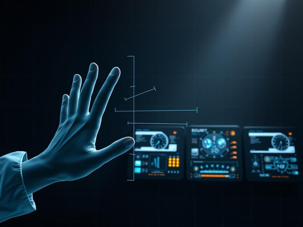A highly technical, futuristic user authentication interface with a sleek, minimal design. A holographic display in the foreground projects a detailed 3D model of a hand, with security scanning lines tracing the fingers. In the middle ground, a series of digital readouts and control panels, their screens glowing with complex data visualizations. The background is a moody, dimly lit environment with a subtle grid pattern, creating a sense of depth and technological sophistication. Dramatic lighting from the side casts dramatic shadows, heightening the sense of depth and mystery. The overall tone is one of cutting-edge innovation, security, and the future of user authentication.