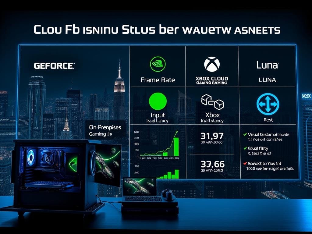 A large, high-resolution display showcases the performance comparison of three cloud gaming platforms - GeForce Now, Xbox Cloud Gaming, and Luna. In the foreground, a sleek gaming PC with multiple monitors and peripherals represents on-premises gaming. The middle ground features stylized icons and graphs depicting the key metrics - frame rate, input latency, visual fidelity, and cloud streaming performance. The background is a moody, atmospheric cityscape at night, with glowing skyscrapers and neon-lit cityscapes, conveying the futuristic and high-tech nature of cloud gaming. The overall scene is illuminated by a cool, bluish light, creating a sense of technological sophistication and precision.