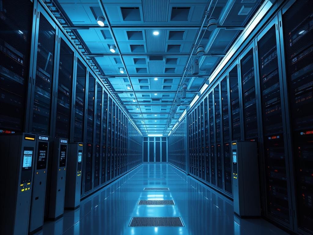 A large, modern data center facility with rows of server racks and high-tech security measures. In the foreground, biometric scanners and access control panels flank the entrance. Subtle LED indicators and digital displays provide status updates. In the middle ground, surveillance cameras and motion sensors are discretely integrated into the architecture. The background features a sleek, minimalist aesthetic with cool-toned lighting and a sense of technological sophistication. An aura of security and data protection pervades the scene, reflecting the advanced security features of the DePIN blockchain network.
