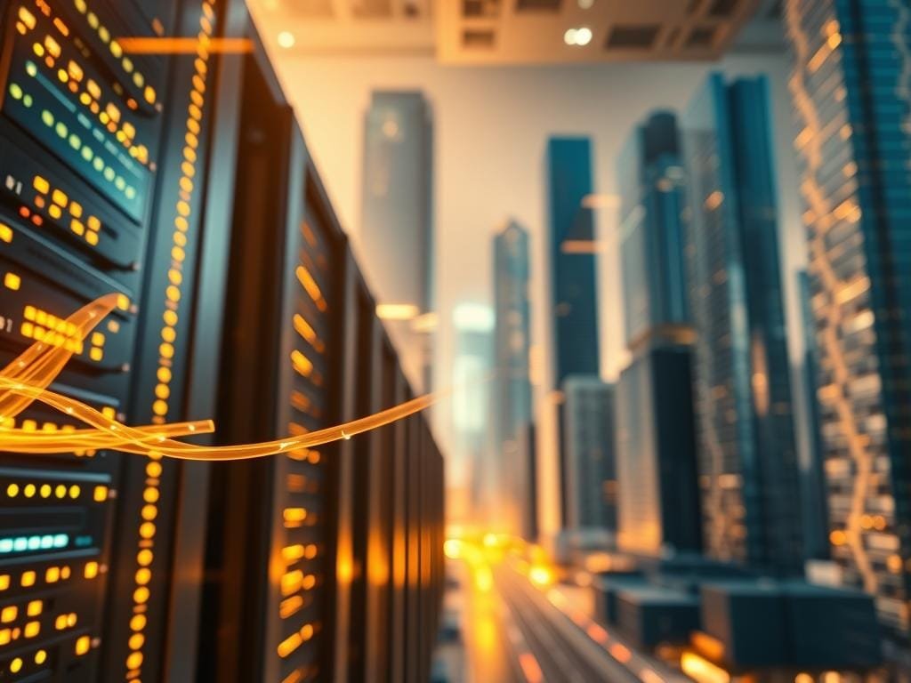 A lightning-fast fiber optic cable snaking through a sleek, futuristic cityscape, bathed in a warm, golden glow. In the foreground, a towering server rack hums with energy, its flashing lights and gleaming metal surfaces conveying the raw power of modern internet connectivity. The midground features a close-up of a network switch, its ports blinking with lightning-fast data transfer, while in the background, skyscrapers of glass and steel stand tall, representing the global reach and scale of the digital world. The overall atmosphere is one of efficiency, innovation, and unbridled technological progress.