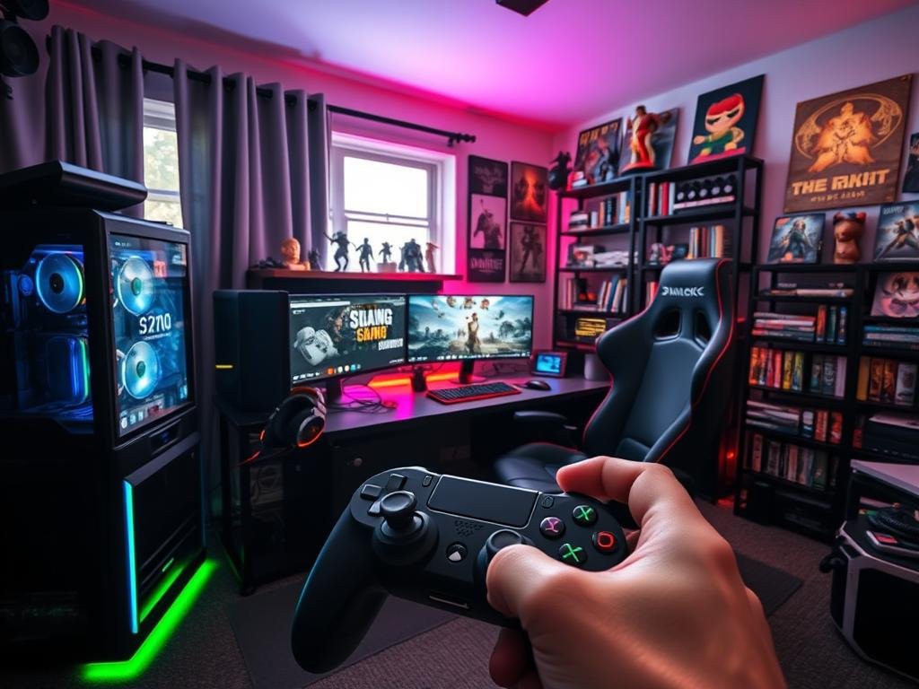 A lively gaming setup with a high-end gaming PC, multiple monitors, and a comfortable gaming chair. The room is dimly lit, with soft ambient lighting from RGB strips and a large window providing natural light. In the foreground, a hand holding a gaming controller is visible, hinting at the player's immersion in the digital world. The middle ground features various gaming peripherals, such as a mechanical keyboard, a gaming mouse, and a headset, all neatly arranged. The background showcases gaming memorabilia, including figurines, posters, and shelves filled with video game titles, creating a sense of the gamer's passion and dedication to their hobby. The overall atmosphere is one of focus, excitement, and a deep connection to the gaming culture.