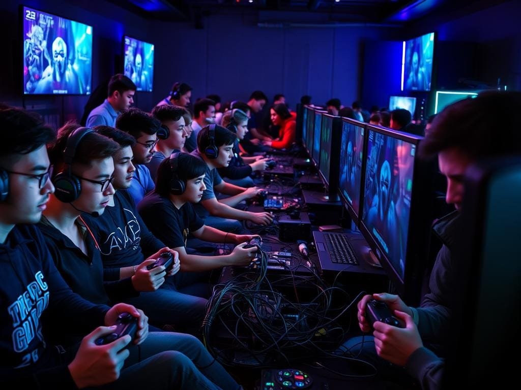 A lively online gaming community gathered around glowing monitors, with players immersed in intense multiplayer sessions. The foreground features a diverse group of gamers, their faces illuminated by the cool blue and green hues of the screens, fingers deftly maneuvering game controllers. In the middle ground, a tangle of cables and peripherals creates a sense of technical complexity, while the background showcases a sleek, modern gaming setup with RGB lighting accents. The atmosphere is one of focused concentration, camaraderie, and a shared passion for the digital world of esports.