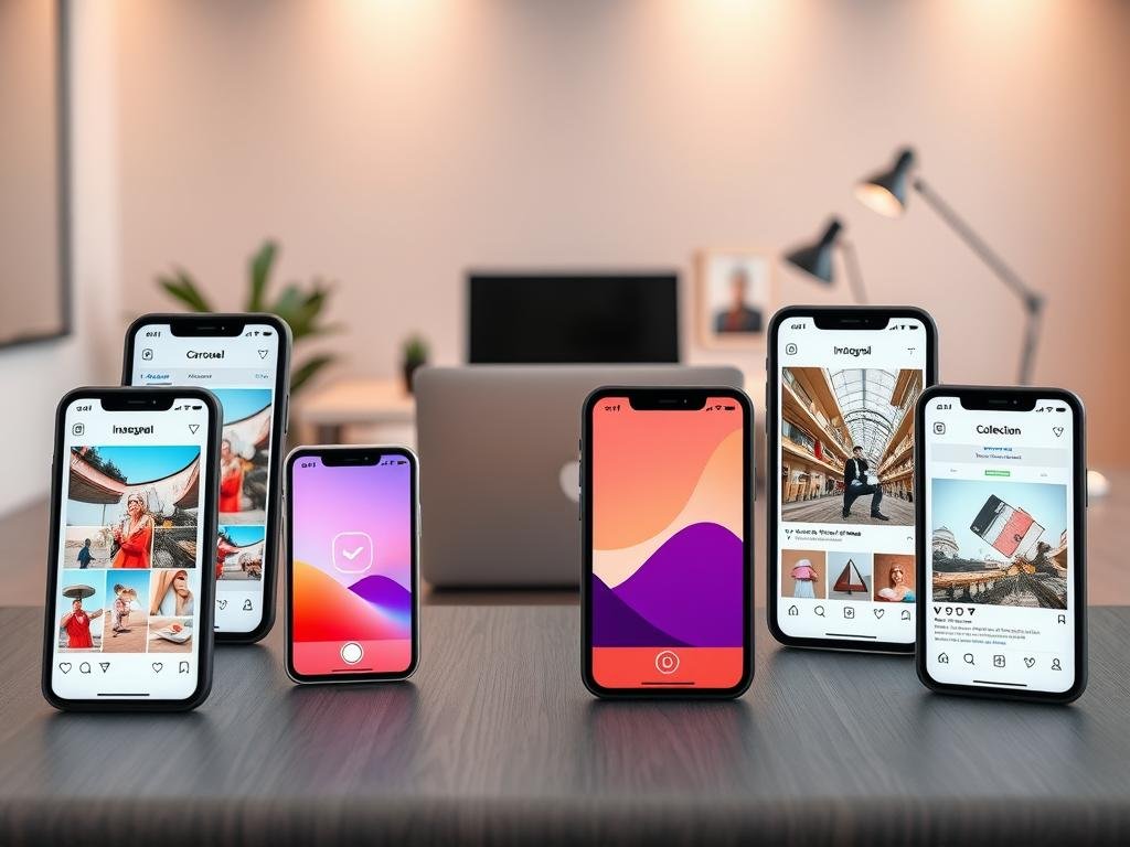 A meticulously composed tableau showcasing various Instagram ad formats. In the foreground, vibrant mobile device screens display diverse ad layouts - carousel, video, story, and collection ads. The middle ground features a minimalist, elegant desk setup with a laptop, smartphone, and other digital marketing tools. The background depicts a softly-lit, modern office space with clean lines and muted tones, conveying a professional, aspirational atmosphere. Subtle lighting casts a warm glow, highlighting the intersection of creativity and technology central to successful Instagram advertising. Realistic textures, high-resolution details, and a cohesive, visually striking composition to effectively illustrate the section on "Utilizing Instagram Ads for Business Growth".
