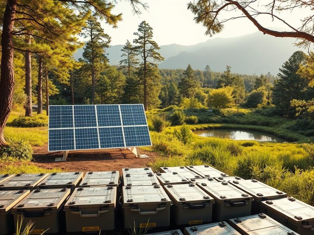A meticulously crafted off-grid solar power battery installation nestled in a secluded natural setting. The foreground features an array of sleek, modern lithium-ion batteries arranged in a grid pattern, their metallic surfaces reflecting the warm rays of the sun. In the middle ground, a solar panel array stands tall, its clean lines and efficient design harnessing the abundant solar energy. The background depicts a lush, verdant landscape, with towering trees and a serene, tranquil pond, creating a harmonious, self-sufficient ecosystem. Soft, diffused lighting illuminates the scene, casting subtle shadows and highlighting the technological sophistication of the power system. The overall composition conveys a sense of sustainable, off-the-grid living in perfect balance with the natural world.