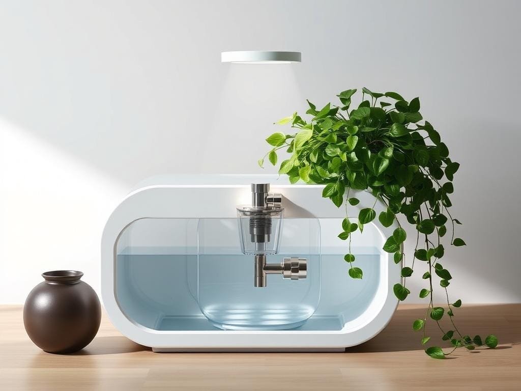 A meticulously crafted self-watering system design, featuring a stylized planter with an elegant, minimalist aesthetic. The planter's interior showcases a thoughtfully engineered reservoir system, with a transparent panel revealing the water level and a sleek, modern valve mechanism. Lush, verdant foliage cascades over the planter's edges, creating a visually captivating contrast. Soft, diffused lighting from above illuminates the scene, casting subtle shadows and highlighting the system's refined, functional details. The overall composition conveys a sense of harmonious integration between technology and nature, perfectly suited for the "Designing Your Self-Watering System" section of the article.