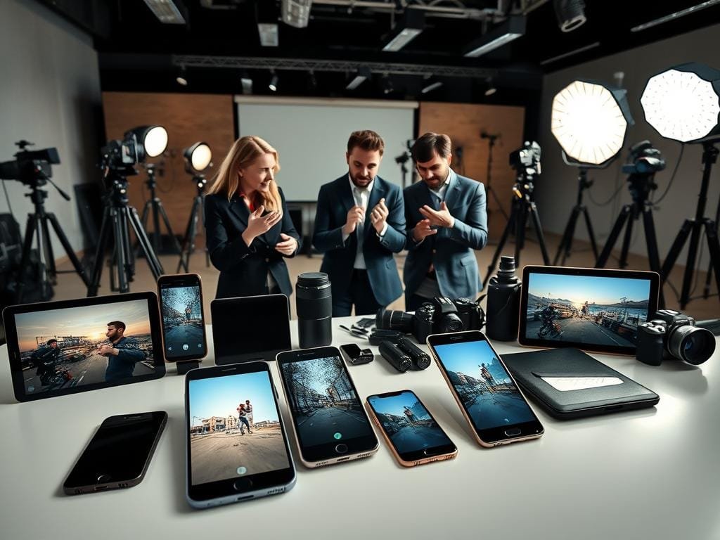 A meticulously crafted, well-lit still life composition featuring an array of high-end smartphones, tablets, and digital cameras arranged on a sleek, minimalist desk. In the foreground, the latest flagship models from top brands are displayed, their screens illuminated to showcase their advanced camera capabilities. The middle ground features tech journalists and industry experts animatedly discussing the devices, their hands gesturing as they offer their professional assessments. In the background, an array of photography equipment, including lenses, tripods, and lighting setups, creates a sense of a bustling, state-of-the-art photography studio. The overall mood is one of informed authority, as the image captures the essence of a considered, in-depth analysis of the cutting-edge smartphone camera technology.