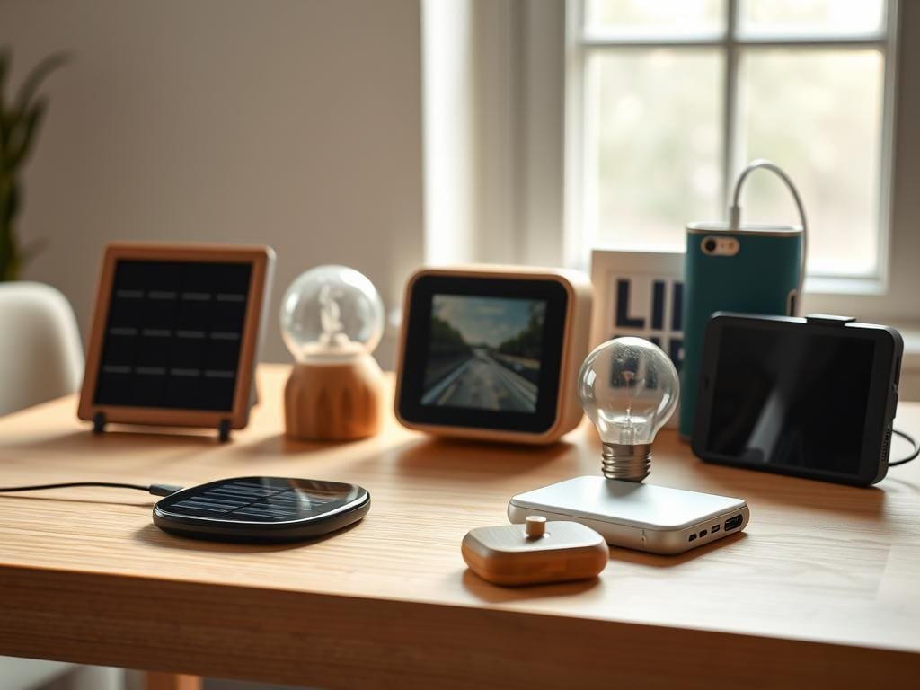 A minimalist composition featuring an assortment of eco-friendly gadgets arranged on a simple wooden table. In the foreground, a sleek solar-powered wireless charger and a bamboo-cased smartwatch. In the middle ground, a modular smart speaker with recycled plastic housing and a digital photo frame made from reclaimed materials. In the background, a energy-efficient smart light bulb and a portable wind-up power bank. Soft, natural lighting from a large window casts a warm glow across the scene, highlighting the organic textures and sustainable design elements of the gadgets. The overall mood is one of simplicity, functionality and environmental consciousness.