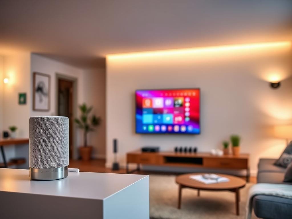 A minimalist, contemporary living room filled with an assortment of smart home devices. In the foreground, a sleek, voice-controlled smart speaker sits atop a floating shelf, its LED indicator pulsing softly. Nearby, a state-of-the-art smart thermostat blends seamlessly into the wall, regulating the room's temperature. In the middle ground, a large flatscreen TV is mounted on the wall, its display showcasing a vibrant, high-definition smart home interface. In the background, subtle ambient lighting creates a warm, inviting atmosphere, while discreet smart light bulbs are seamlessly integrated into the room's design. The overall scene conveys a sense of technological sophistication and convenience, perfectly capturing the essence of a modern, fully-connected smart home.